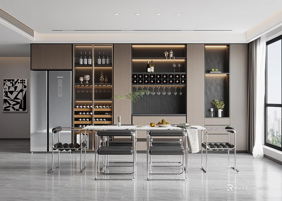 Modern Restaurant Interior Design With Open Kitchen Island Counter And Cabinets 3d model