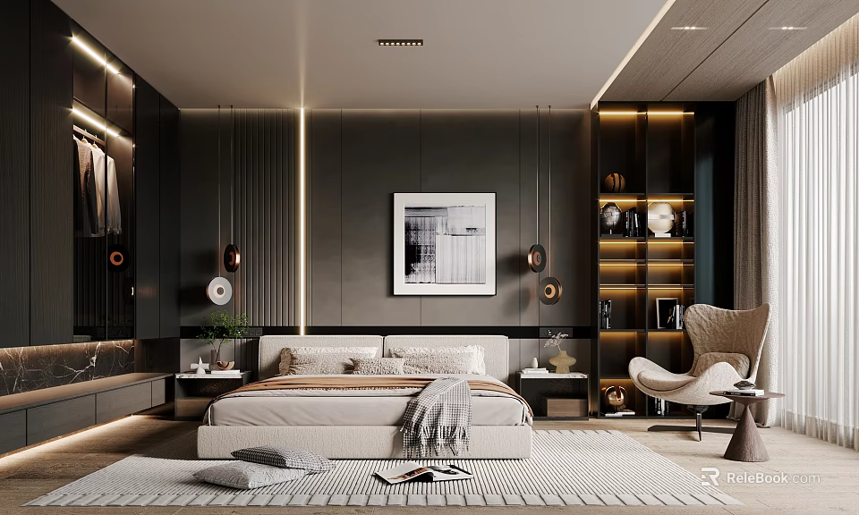 Modern Luxury Bedroom Interior With Dark Walls Beige Bed Decorative Painting And Accent Chair 3d model 