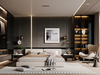 Modern Luxury Bedroom Interior With Dark Walls Beige Bed Decorative Painting And Accent Chair 3d model