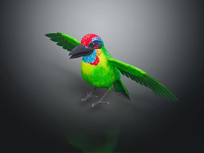 Colorful Tropical Bird With Green Wings Red Head Blue Neck Spreading Wings On Shiny Surface 3d model