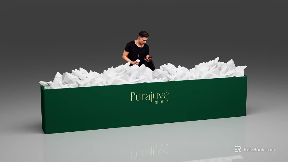 Purajuve Brand Launch Device in Green Box with White Foam Objects and Person Operating 3d model 