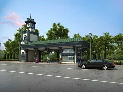 Bus Stop Featuring Clock Tower Green Roof Trees Black Car And People 3d model