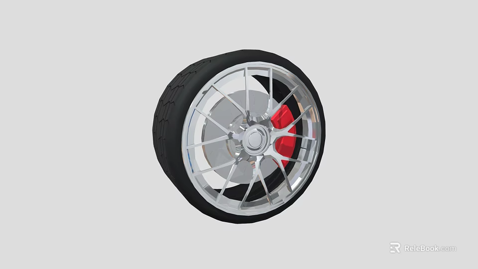 Black Tire With Silver Alloy Wheel Rim And Red Brake Caliper Design 3d model 