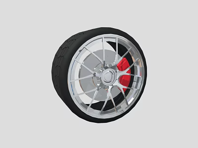 Black Tire With Silver Alloy Wheel Rim And Red Brake Caliper Design 3d model