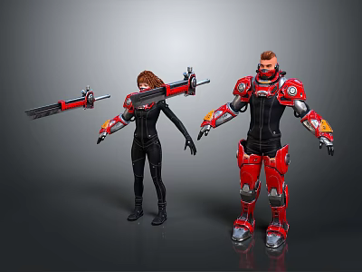 Two Characters In Black Bodysuit And Red Mech Suit With Red Weapon 3d model