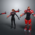 Two Characters In Black Bodysuit And Red Mech Suit With Red Weapon