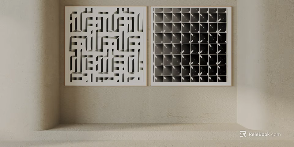 Decorative Wall Grilles With Intricate Geometric And Grid Patterns On Beige Wall 3d model