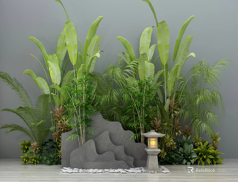 Lush Garden Decor With Banana Leaves Bamboo Palm Plants Rock Formation Stone Lantern And Pebbles 3d model 
