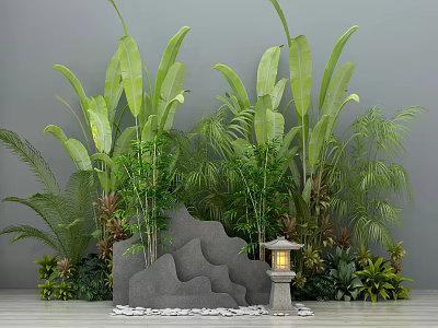Lush Garden Decor With Banana Leaves Bamboo Palm Plants Rock Formation Stone Lantern And Pebbles 3d model