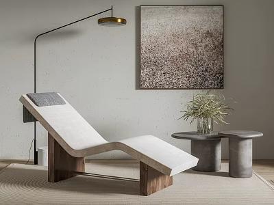 Minimalist Lounge Chair with Wooden Frame Light Cushion and Floor Lamp Abstract Painting Green Plant 3d model