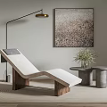 Minimalist Lounge Chair with Wooden Frame Light Cushion and Floor Lamp Abstract Painting Green Plant