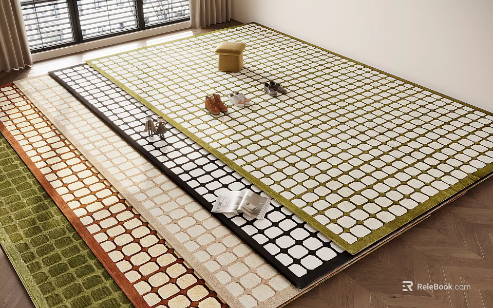 Colorful Grid Pattern Square Rugs for Home Decor with Stools and Magazines 3d model 