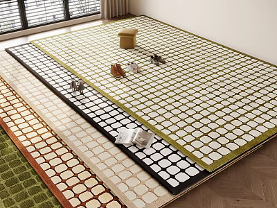 Colorful Grid Pattern Square Rugs for Home Decor with Stools and Magazines 3d model