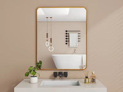 Gold Framed Mirror In Modern Bathroom Reflects Bathtub And Lights 3d model