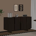 Dark Entryway Console Cabinet with Books Vases Decorative Paintings and Potted Plant