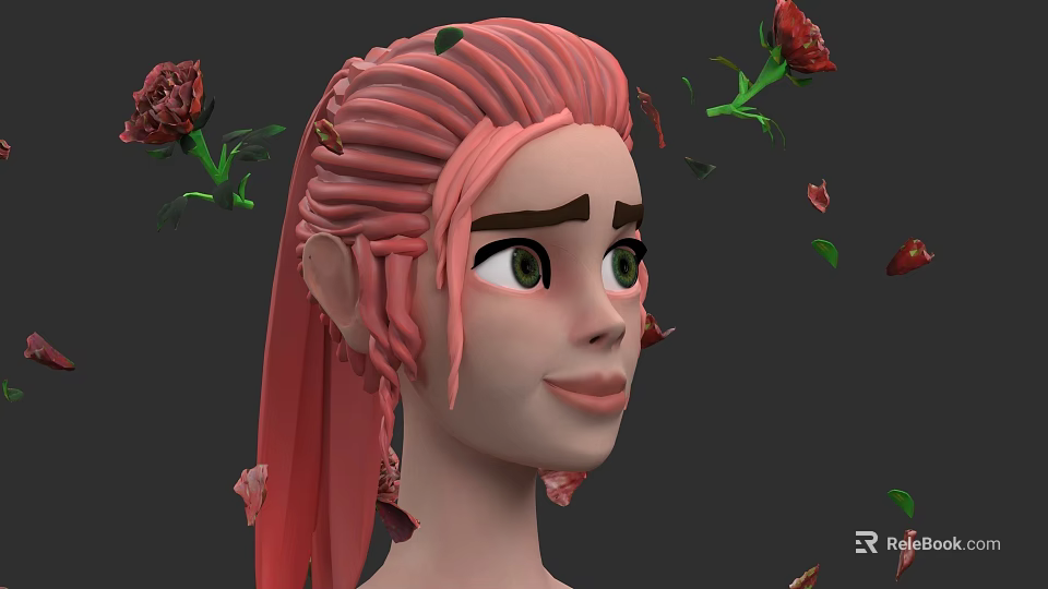 Woman With Braided Pink Hair Surrounded By Red Roses And Floating Petals 3d model 
