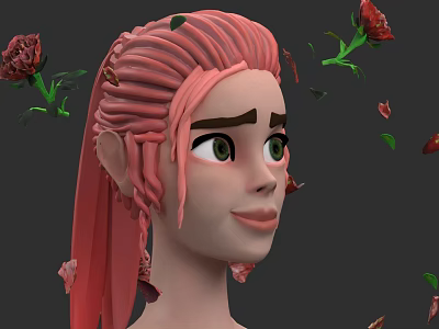 Woman With Braided Pink Hair Surrounded By Red Roses And Floating Petals 3d model