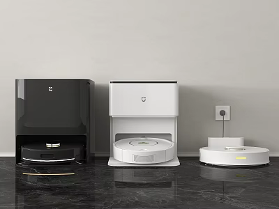 Smart Machines Featuring Black White Robot Vacuum Base Station And Circular Charging Dock 3d model