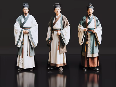 Three Men In Traditional Ancient Robes Standing Against Black Background With Reflections 3d model