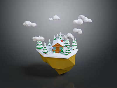 Scenic Floating Island Landscape With Snow Covered Pine Trees Small Cabin And Clouds 3d model