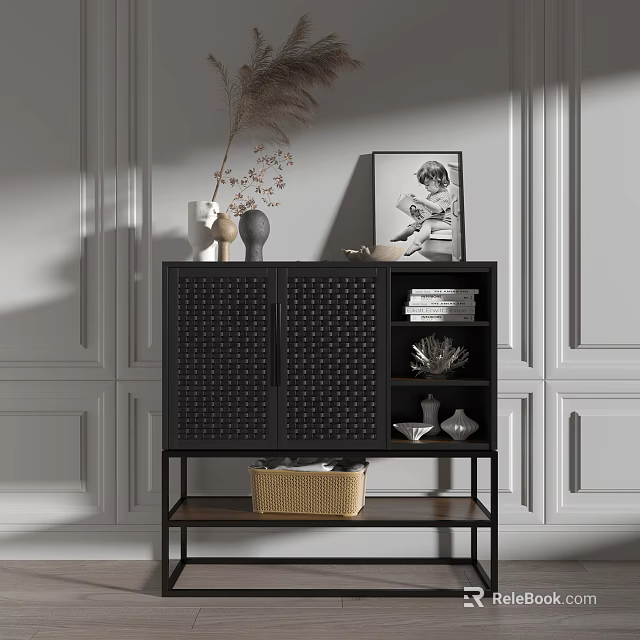 Modern Sideboard Cabinet with Perforated Doors Decorative Vases Artwork and Woven Basket 3d model 