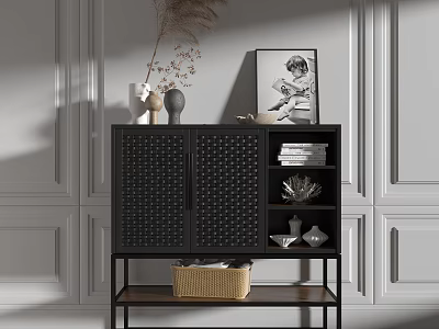 Modern Sideboard Cabinet with Perforated Doors Decorative Vases Artwork and Woven Basket 3d model