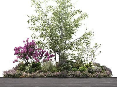 Arbor Centered Garden Landscape With Purple Flowers Shrubs Herbs And Wooden Floor 3d model