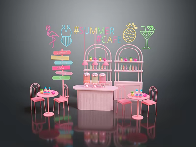 Pink Cafe Furniture With Neon Signs Tables Chairs Bar Counter And Decorations 3d model