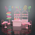 Pink Cafe Furniture With Neon Signs Tables Chairs Bar Counter And Decorations