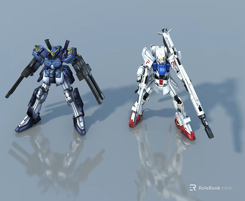 Two Blue And White Gundam Models With Weapons Standing On Gray Reflective Surface 3d model 
