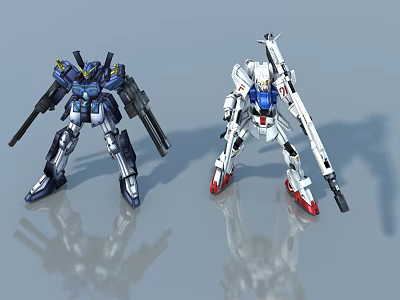 Two Blue And White Gundam Models With Weapons Standing On Gray Reflective Surface 3d model