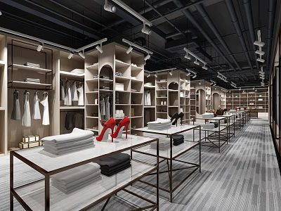 Modern Clothing Store Interior With Open Racks Display Tables And Fashion Merchandise 3d model