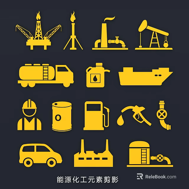 Oil Energy Industry Silhouette Icons With Rig Tanker Truck Drum Pump Refinery And Worker 3d model 