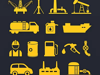 Oil Energy Industry Silhouette Icons With Rig Tanker Truck Drum Pump Refinery And Worker 3d model