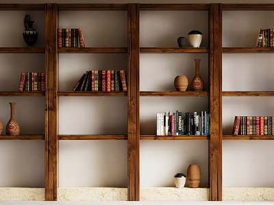 Traditional Wooden Bookshelf with Open Shelves Displaying Books and Decorative Vases 3d model