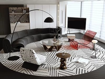 Modern Curved Black Sofa Set With Red Accent Chair Circular Geometric Rug And Floor Lamp 3d model