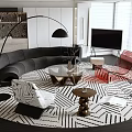 Modern Curved Black Sofa Set With Red Accent Chair Circular Geometric Rug And Floor Lamp