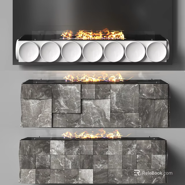 Modern Fireplace Design With Marble Tiles White Circular Panels And Burning Flames 3d model 