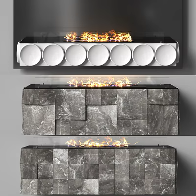 Modern Fireplace Design With Marble Tiles White Circular Panels And Burning Flames 3d model
