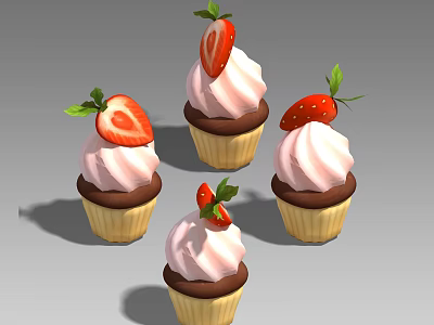 Delicious Cupcakes with Pink Frosting Fresh Strawberry Slices and Green Leaves on Brown Base 3d model