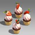 Delicious Cupcakes with Pink Frosting Fresh Strawberry Slices and Green Leaves on Brown Base