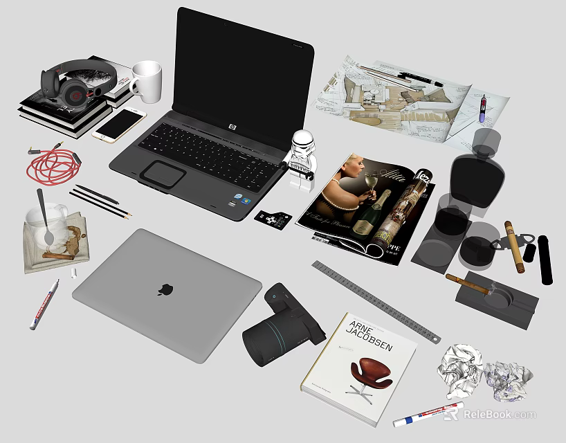 Organized Work Desk Setup With Laptops Headphones Books Camera And Office Supplies 3d model 