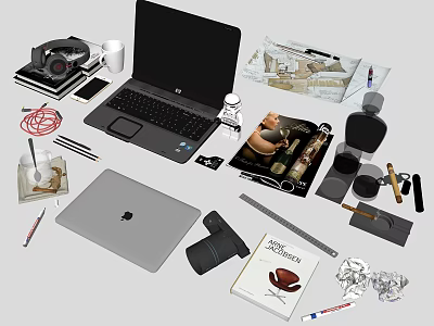 Organized Work Desk Setup With Laptops Headphones Books Camera And Office Supplies 3d model