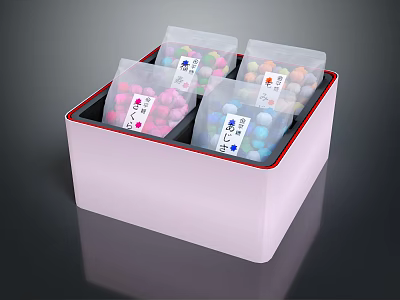 Colorful Candy Granules Stored in Transparent Bags with Labels Inside a Pink Box 3d model
