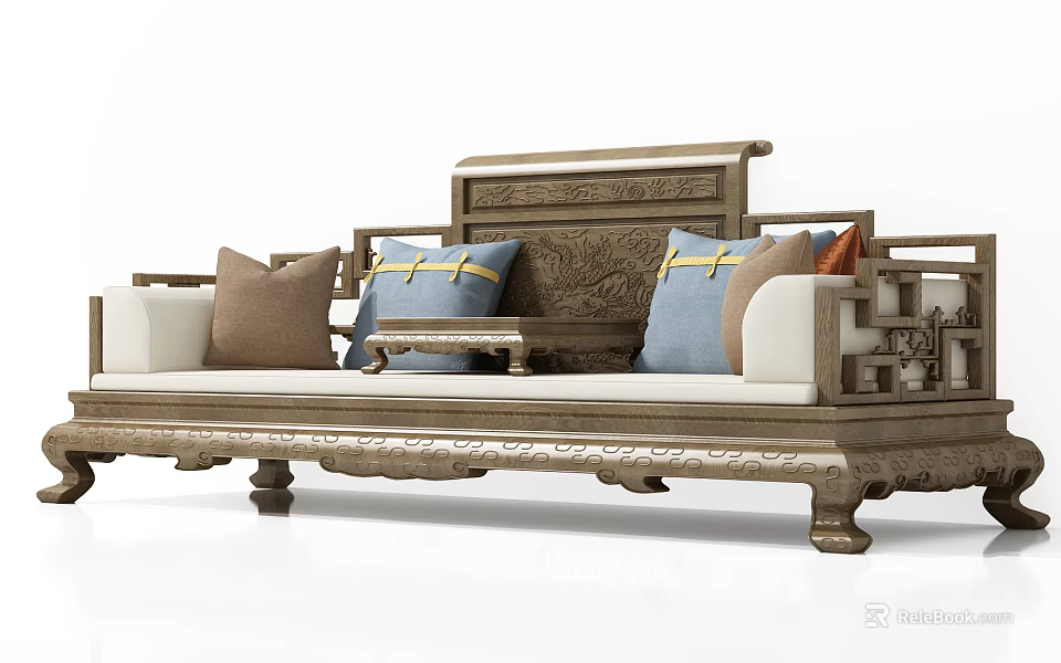 Traditional Chinese Wooden Daybed With Carved Backrest And Colorful Decorative Cushions 3d model 