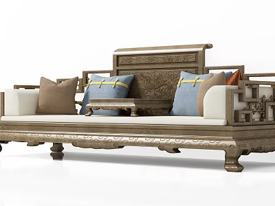 Traditional Chinese Wooden Daybed With Carved Backrest And Colorful Decorative Cushions 3d model