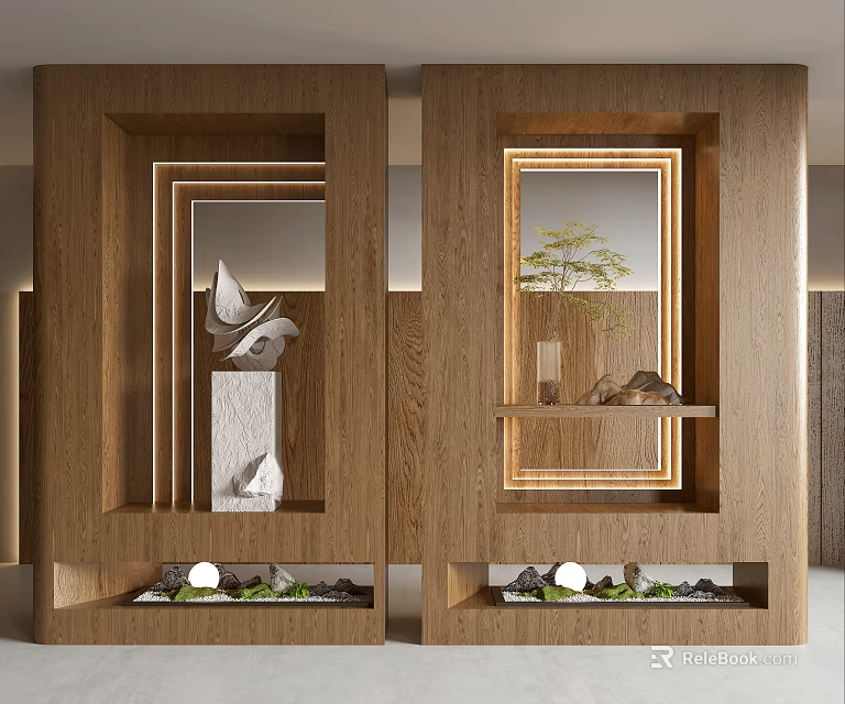 Modern Wooden Partition Design With Decorative Elements Green Plants And Light Strips 3d model 