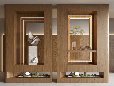 Modern Wooden Partition Design With Decorative Elements Green Plants And Light Strips 3d model