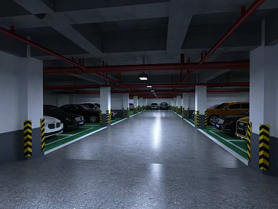Modern Indoor Parking Garage With Parked Cars Green Lines And Safety Bumpers 3d model