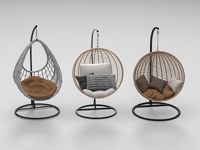 Modern Wicker Hanging Chairs With Metal Stand And Soft Cushions For Indoor Decor 3d model